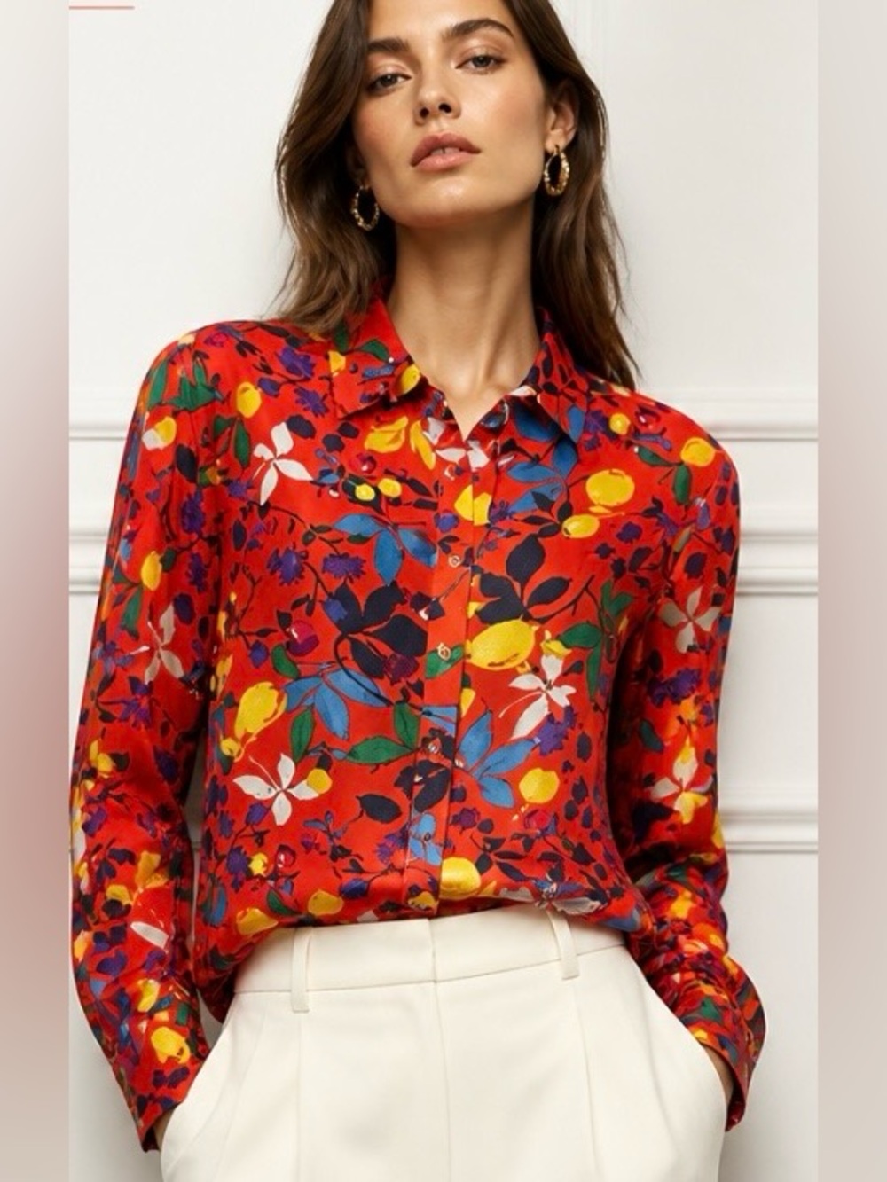 MAEVE Anthropologie Blouse Blithe Boho Floral Callis Button Down Red Colorful